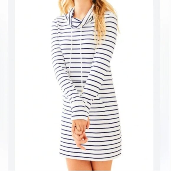 Lilly Pulitzer Hillary Popover Dress in Bright White and Navy Blue sz S - Picture 1 of 5
